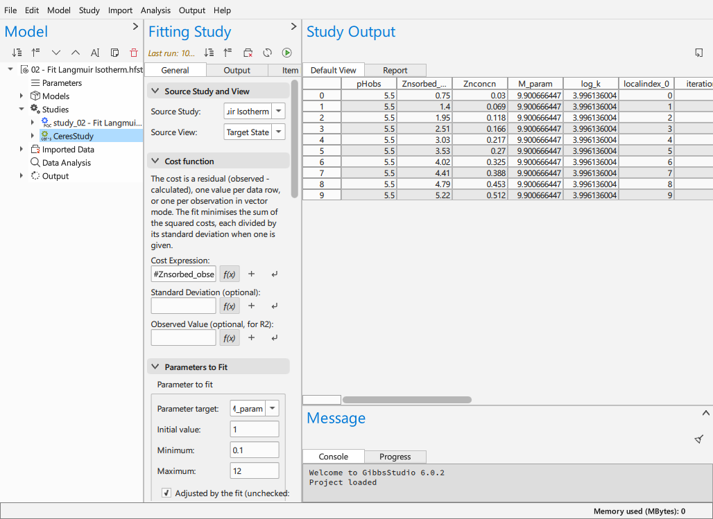 A fitting study, with its cost function and the parameters to fit
