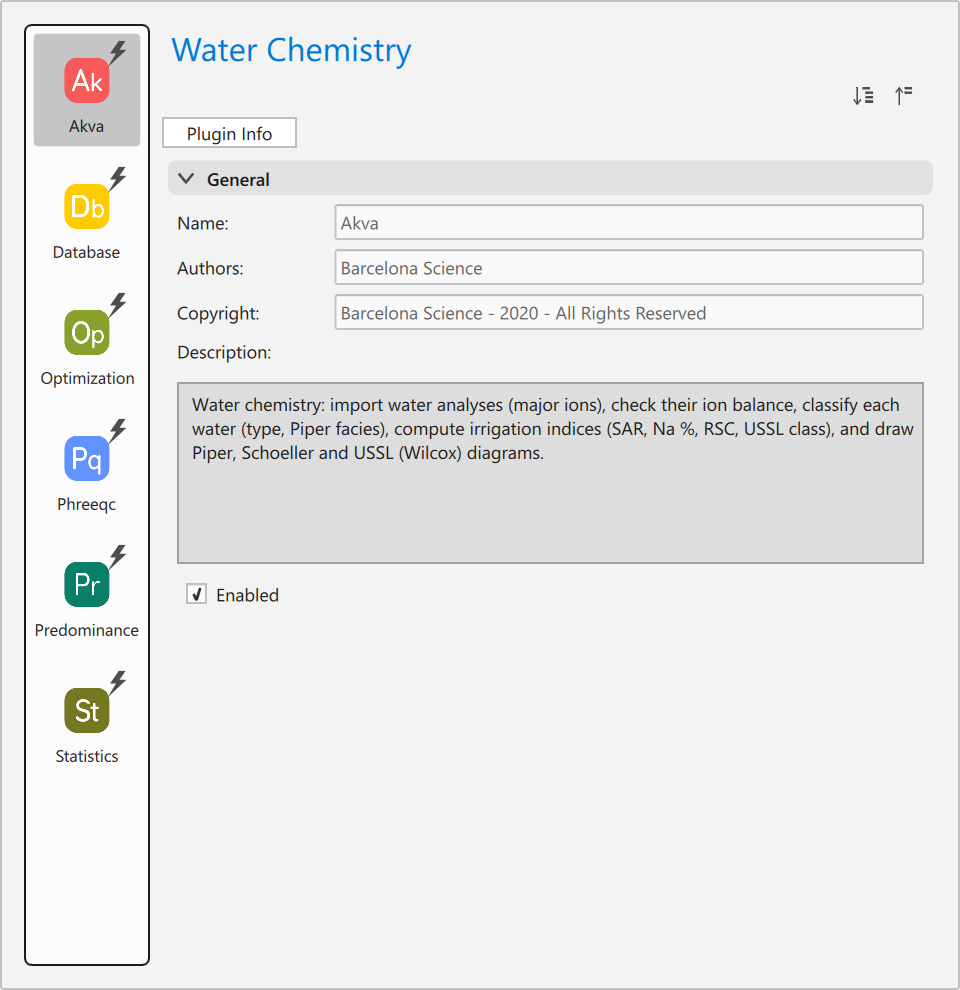 The Plugins window, listing the installed plugins