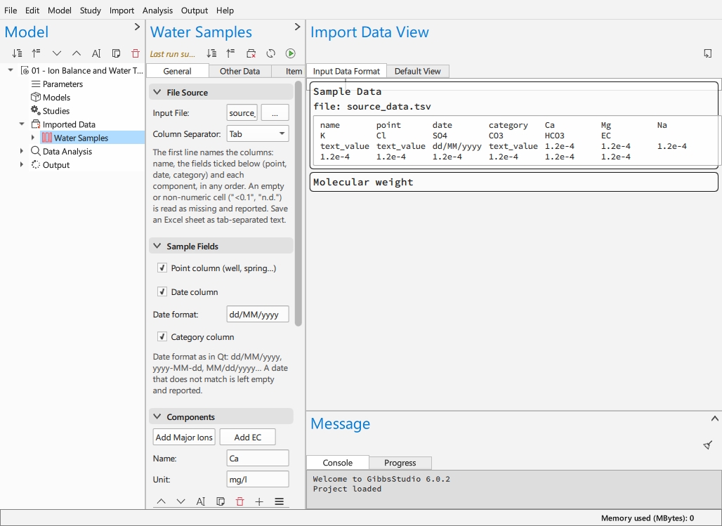 The water samples form, with the file source, sample fields and components